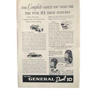 Vintage 1936 General Dual 10 Tire Complete Safety Ad Advertisement
